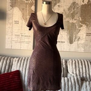 Free People Metallic Bodycon Mini Dress XS Brown Bronze Short Sleeve‎ Scoop Neck